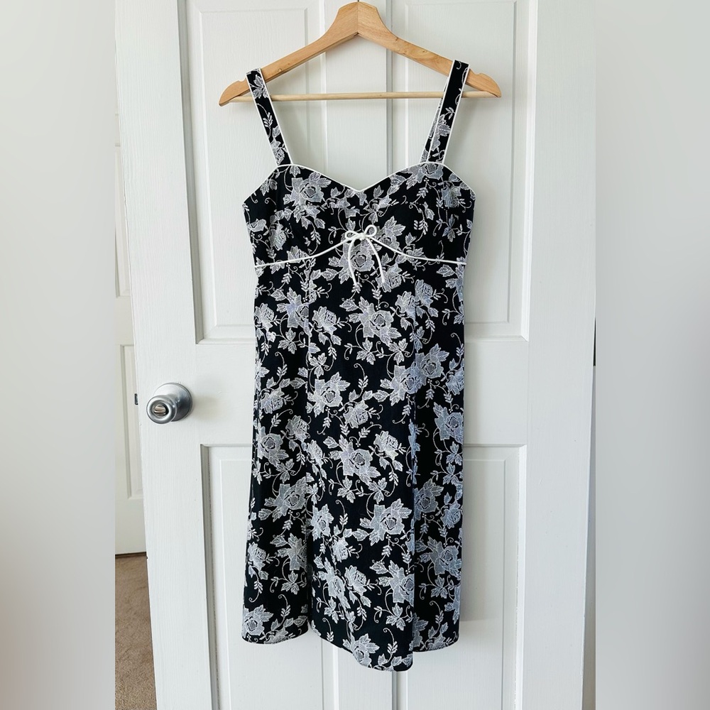 Vintage R&K Petite Floral Black & White A-line Dress Sweetheart Size 4P